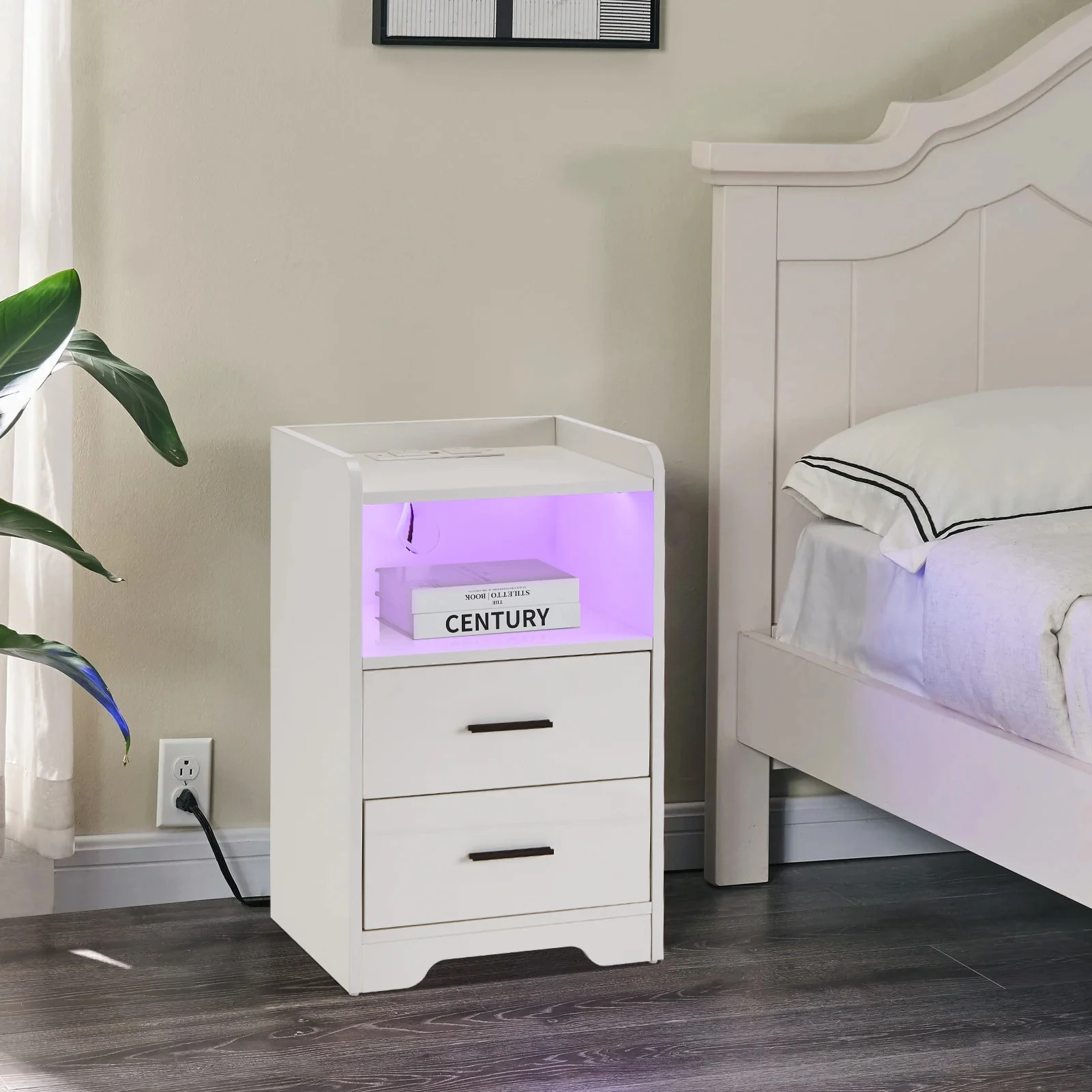 Smart Wireless Charging Station White Black Led Light MDF Drawer Nightstand Bedside Table Wood Organizer Bedroom Furniture