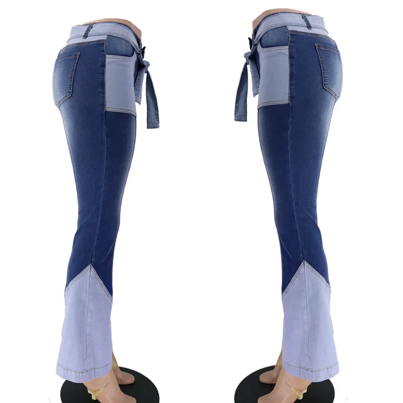Women High Waist Two Color Stitching Slim Denim Pants Jeans With Belt  Beauty Denim Flared Pants