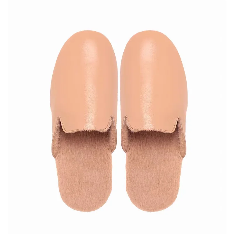 Сланцы женские шерстяные, домашние Шлепанцы из овечьей шерсти, роскошные уличные тапочки, модная кожа, зима