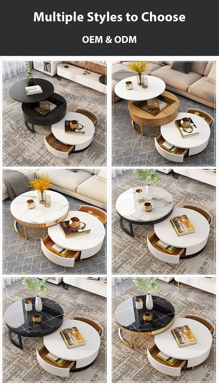 foldable lift top designer decor nesting living room furniture white gold round modern marble luxury coffee table