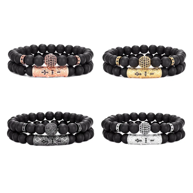 Natural Frosted Stone Micro Inlaid Stone Crown Ball Long Tube Double Energy Bracelet Beads Bracelet For Men Jewelry