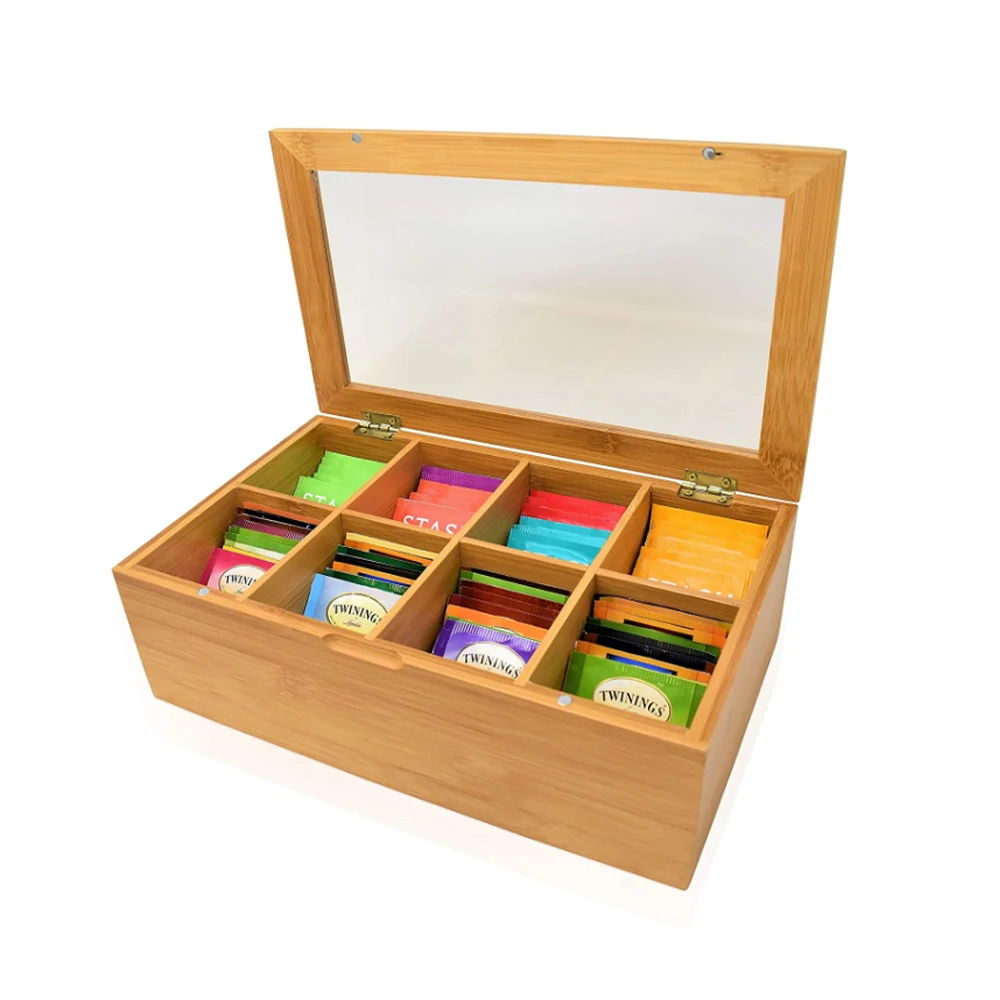 Hot sale 8 compartments tea bag organizer transparent lid bamboo tea box