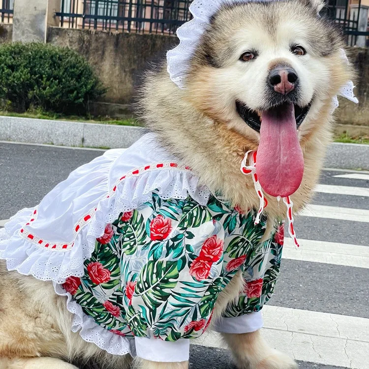 Pet Maid Dress Spring Summer Dog Clothes Tropical Rainforest Pattern Pet Clothes Alaska Samoyed Dog Skirt S-6XL Large Dog Dress