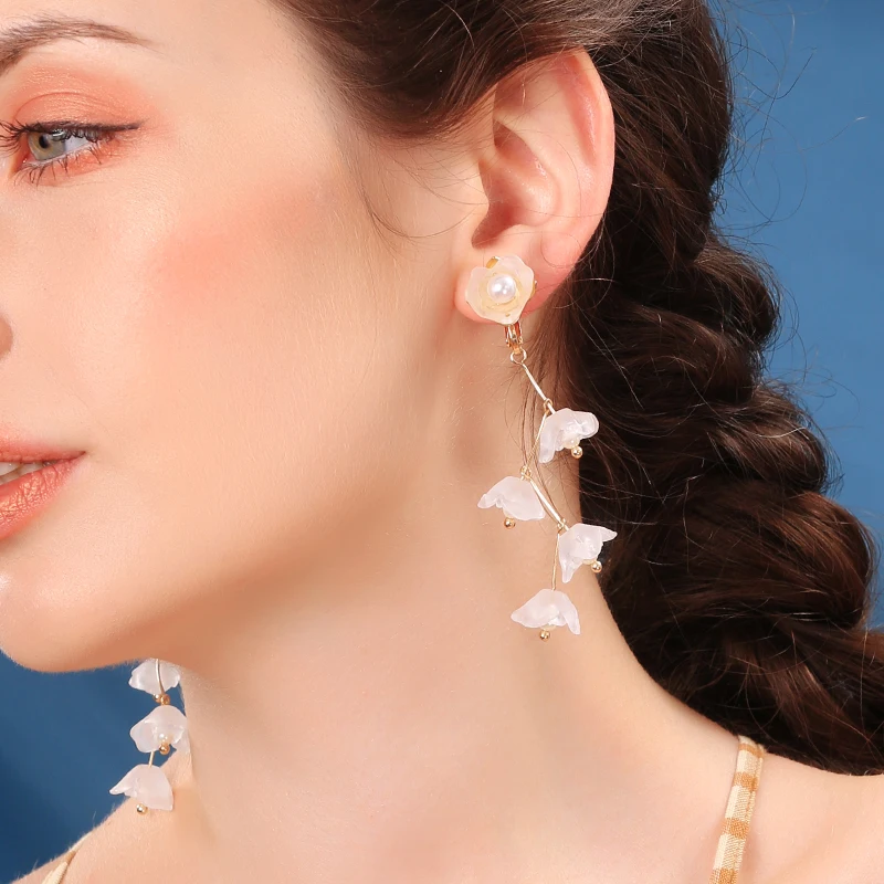 Long Liquid Chandelier Tassel Dangle Flower Earring Clip On Non Piercing Statement Earrings