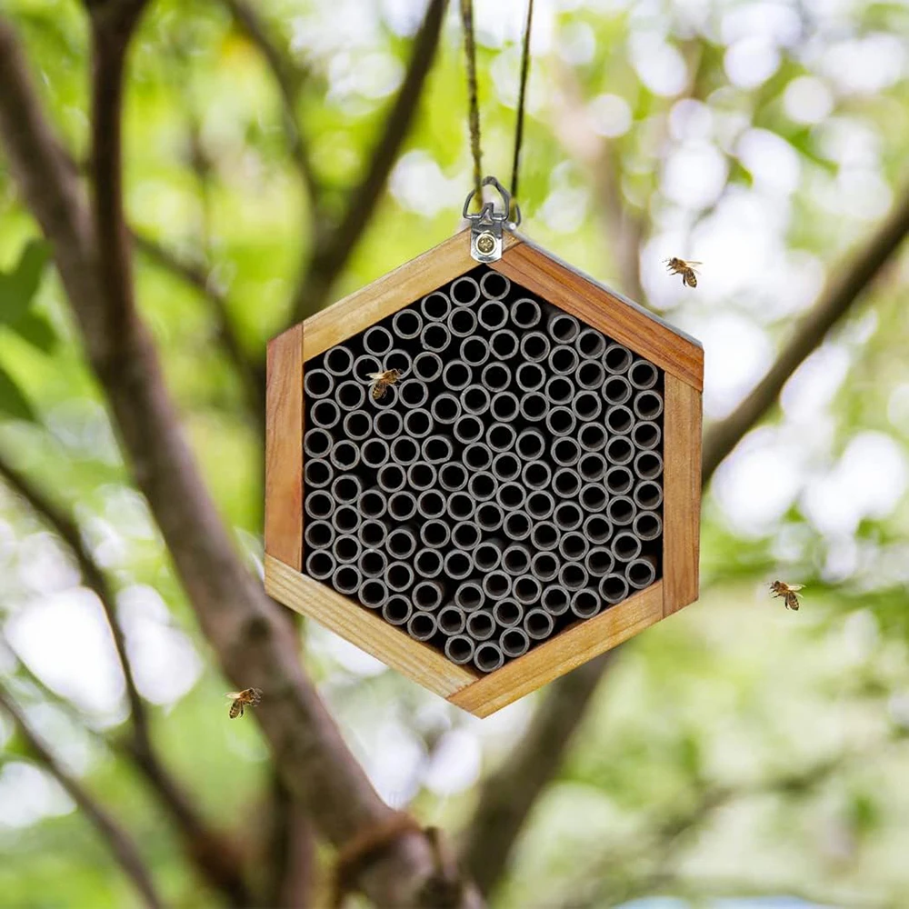 Garden Decoration Handmade Natural  Bee Hive Attracts Mason Bee Pollinators Insect Nest Box House Wooden Mason Bee House