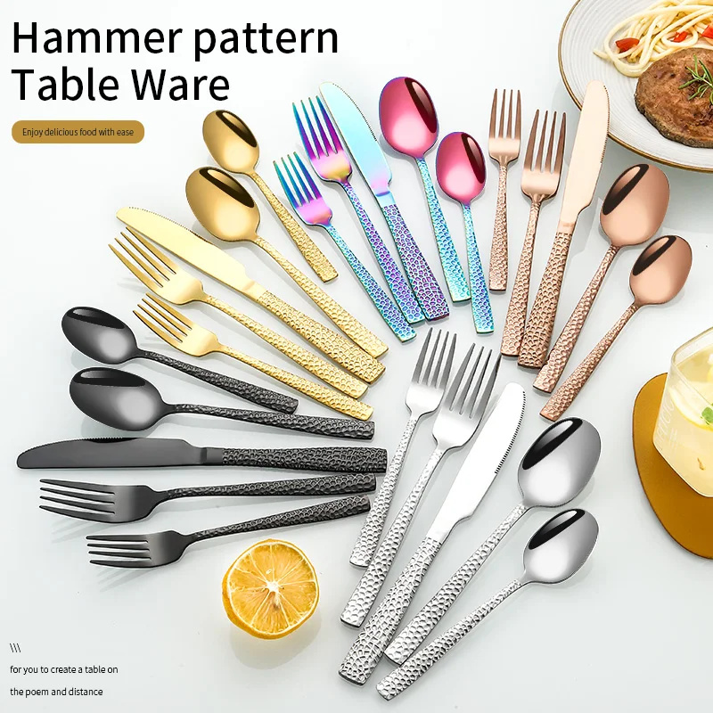 4pcs Dishwasher Safe Table Knife Forks Spoon Hammered Flatware Sets Luxury Silver Stainless Steel Cutlery Set