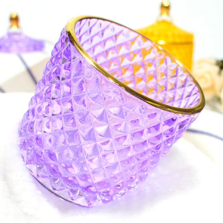 FENGJUN iridescent cylinder embossed Geo cut colored glass candle jar