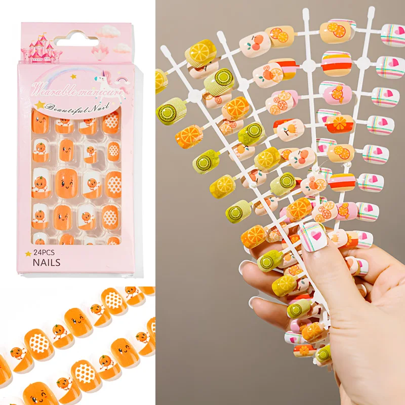 24pcs/box 2021 New Summer Style False Nail Tips for Kids Slef-Adhesive Sticker Reusable Children Press on Nails