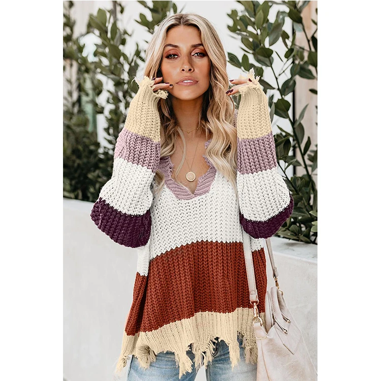 
2019 New Style Winter Striped Color Long Sleeve Women Distressed Sweater Oversize 