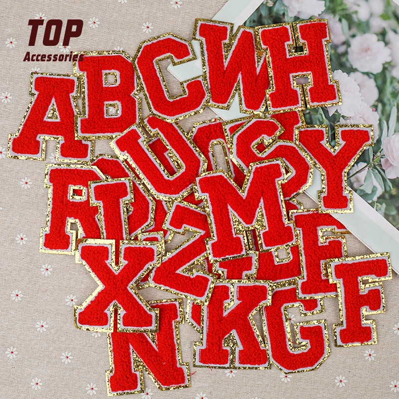 8CM Glitter Gold Edge Red English Letter A-Z Chenille Embroidery Patch