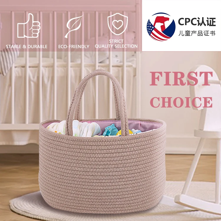 Low MOQ Detachable Colorful Cotton Rope Mommy Nappy Organizer Bin Bag Diaper Storage Caddy with Handle for Home Car or Stroll