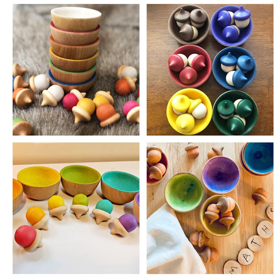 Manufacturer customization baby Original wood color wooden bowl acorn nut accessories toy set