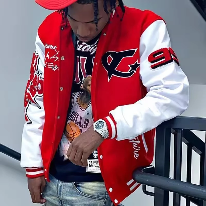 OEM Wholesale Custom Men Fashion Sports Vintage Wind breaker Streetwear Suede Fleece Varisty Letterman Varsity Jacket Custom