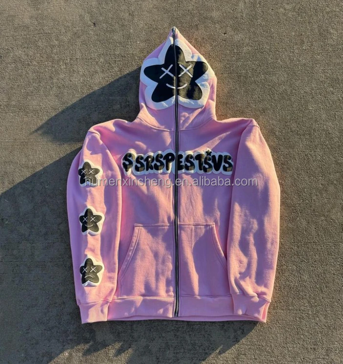 Cloth manufacture custom unisex loose heavyweight french terry plus size cropped full face zip up puff print hoodie men