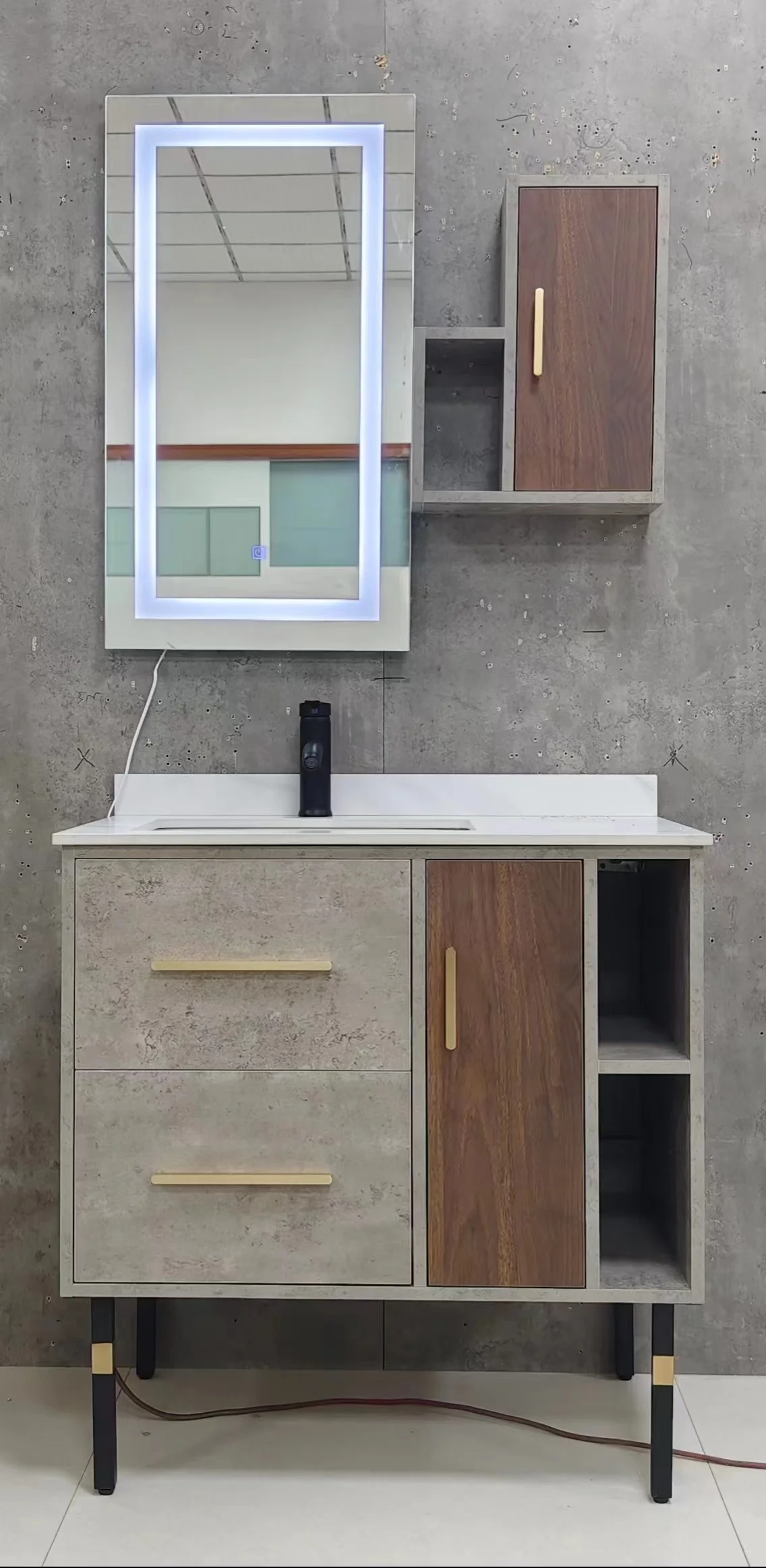 Melamine modern LED mirror quality bathroom vanities with side cabinet