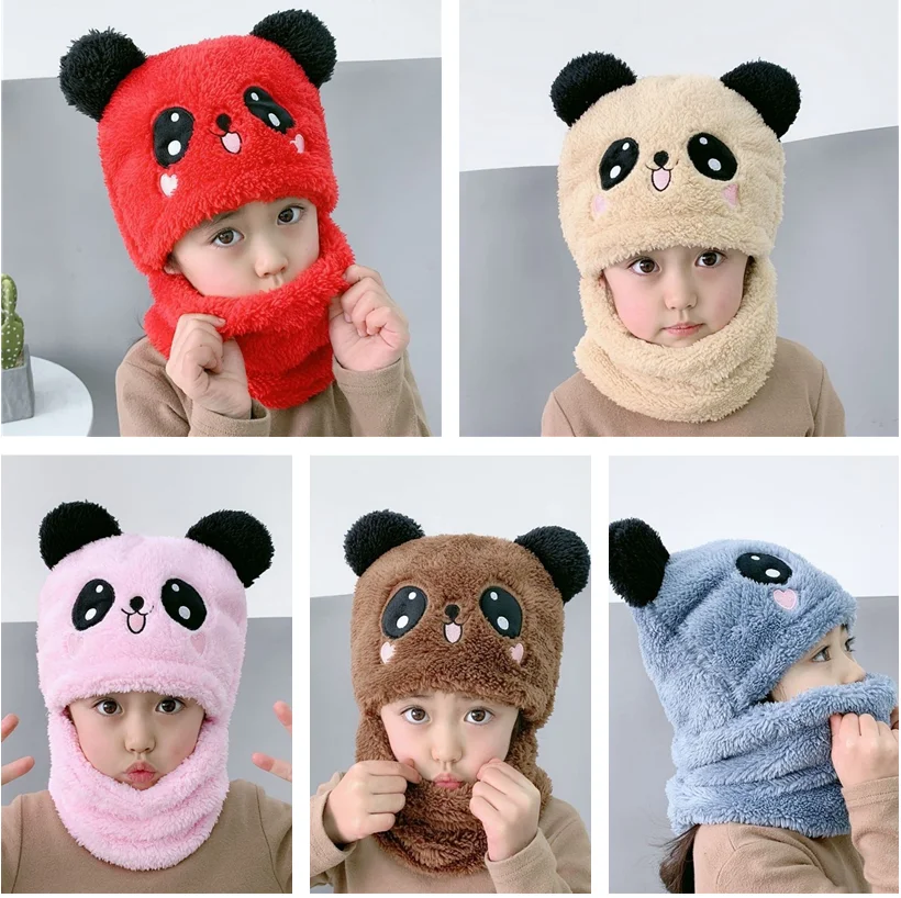 Panda Bib And Hat One-piece Thickened Warmth Cover Face And Ear Protection Knitting Wool Kids Cheap Baby Winter Hats