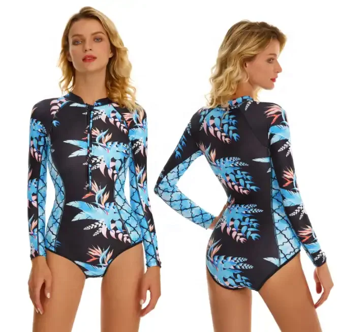2023 STOCK Print Zipper Details UPF Long Sleeve Diving Swimsuit One Piece Swimwear