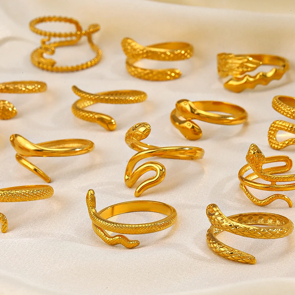 India Jewelry 18 Styles Textured Snake Stainless Steel Finger Rings Waterproof Snake-Shaped Gold Plated Adjustable Rings