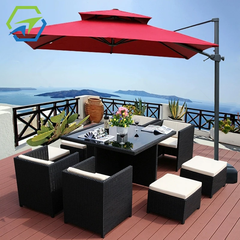 Hot Sale Exclusive Outdoor Poly Rattan patio furniture dining set table and chairs with umbrella