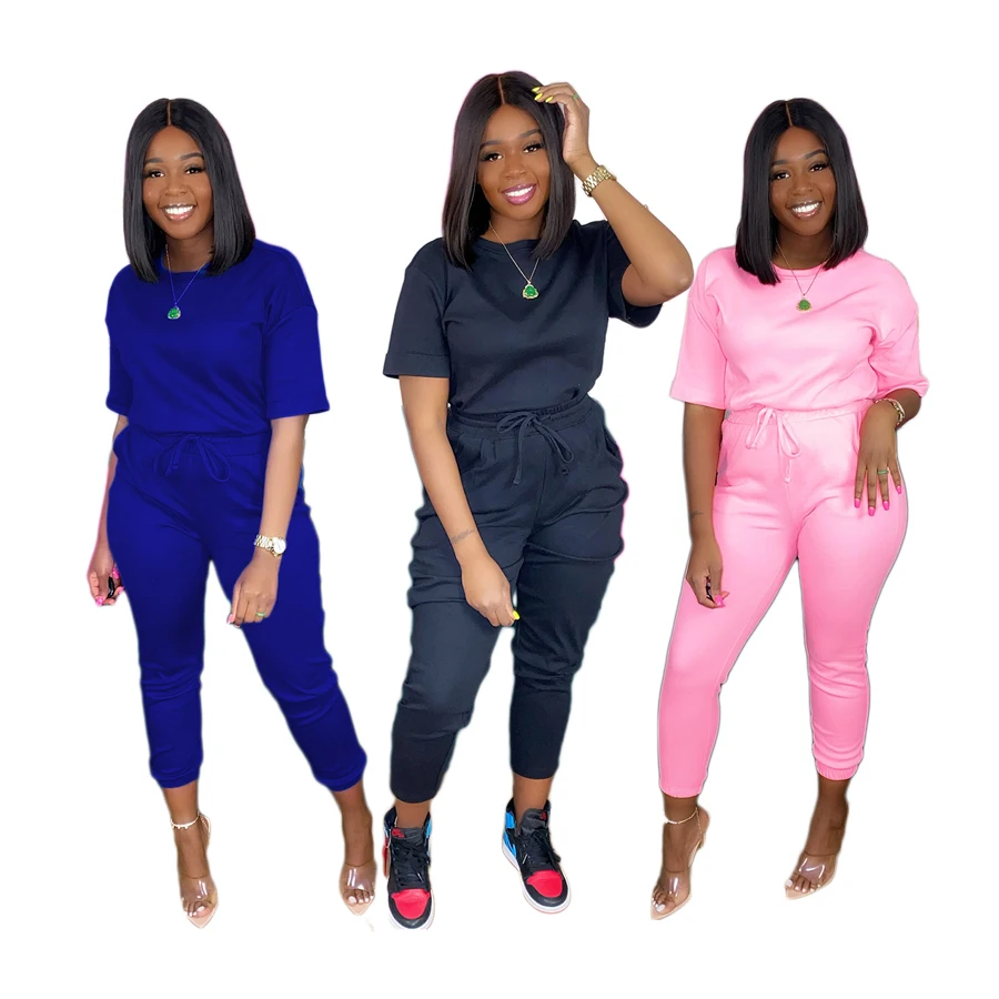 Foma A8328 summer clothes for women short sleeves top shirt and pants sport wear 2 two piece set