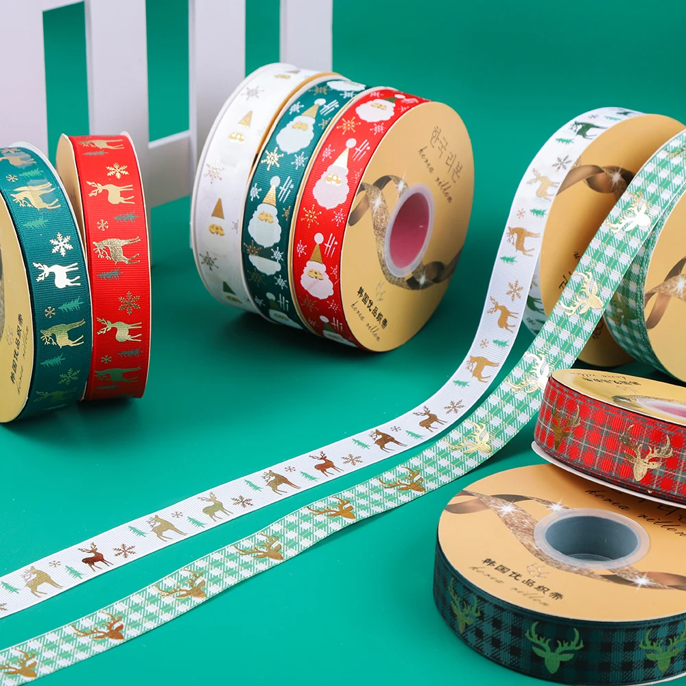 New 25mm wide Christmas gift ribbon with thermosetting hot stamping Santa Claus elk pine tree pattern ribbon