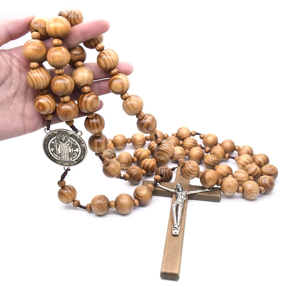 Big Wooden Pine Bead Rosary Wall Hanging Wooden Cross Rosary Necklace Religious Decoration Catholic Cross Church Wall Rosary