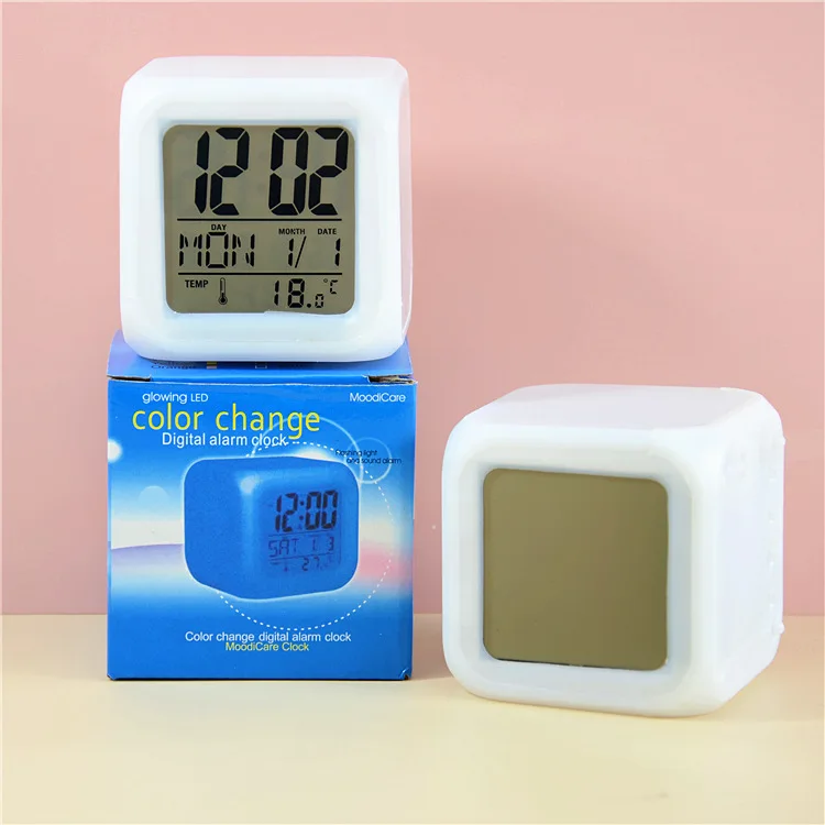 Colorful Color Changing Square Cube Led Digital Alarm Clock Mute Wake Up Alarm Clock