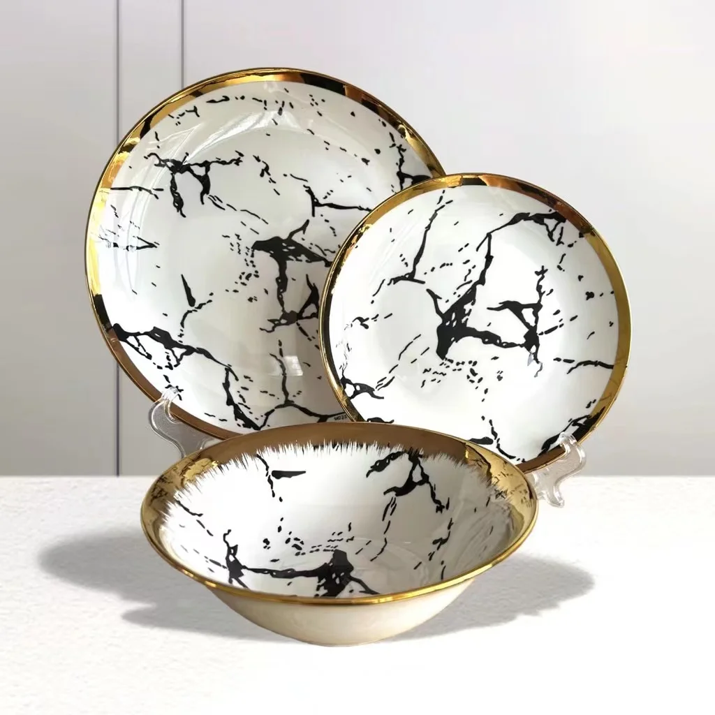 Porcelain Dinnerware Gold Rim Ink Pattern Home Party Wedding Restaurants Luxury  Royal Modern Set Porcelain Dinnerware