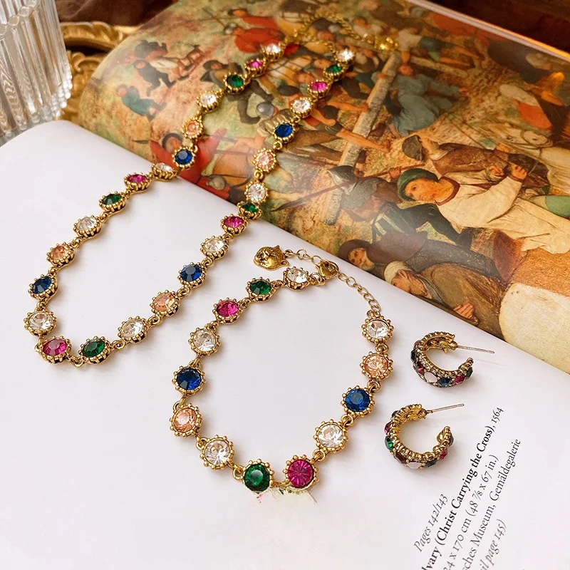 Hot Selling Jewelry Set Wholesale Retro Gold Plated Jewelry Set Shiny Multicolor Rhinestone Necklace Earring Bracelet For Women