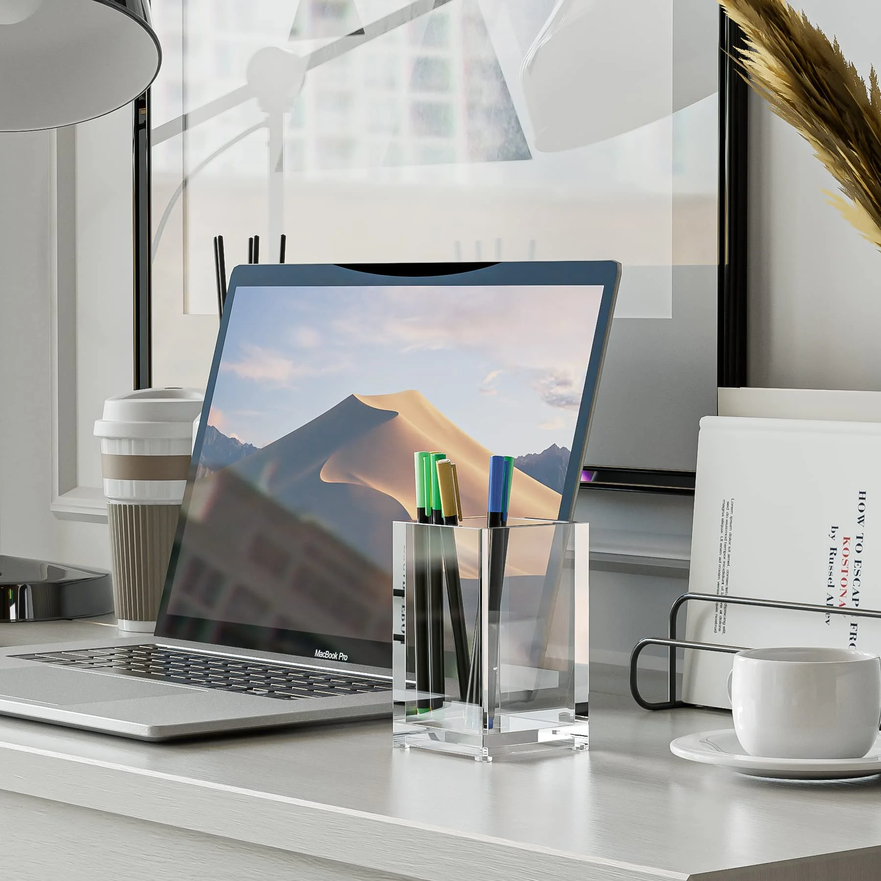 MaxGear Clear Marker Organizer Acrylic Makeup Brush Storage Desk Accessories Phone Holder Pencil Cups Pen Holder for Desktop