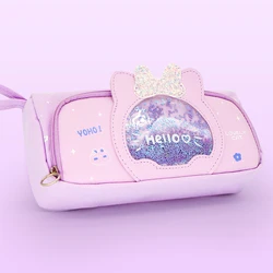 Large-capacity cartoon girl pink stationery storage bag girl pupil transparent window quicksand pencil case