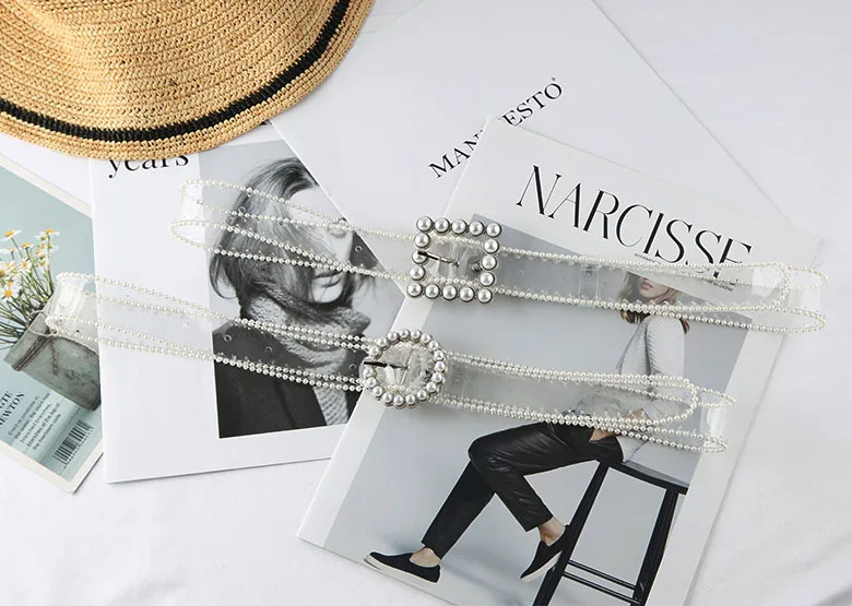 Hot Sale Fashion Pearl Rhinestone Buckle Transparent Clear Waist PVC Belt Waistband for Women Girls Jeans Shorts Dress
