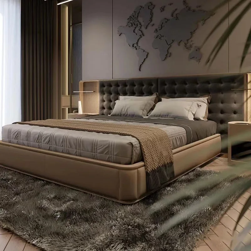 Italian light luxury high-end villa master bedroom leather double King Size  bed