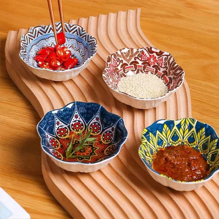 Bohemian style fancy pattern small round korean japanese sushi dipping sauce dish sets ceramic soy sauce dish