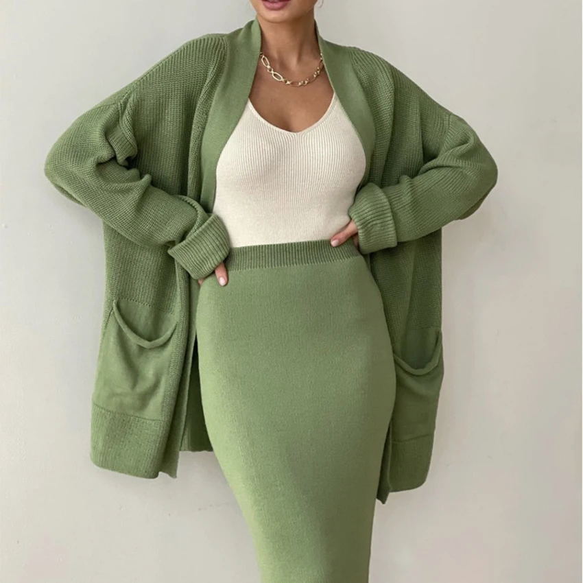 OOTN 2024 New Knitwear Set Autumn Winter Cardigan Sweater For Women Loose Belted High-Waist Skirt Fashion Knitted Top Suits