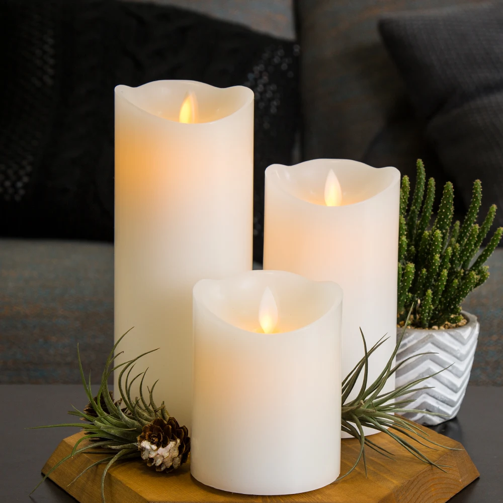 Home decoration moving flame cheap pillar waved white remote timer flameless led wax candles