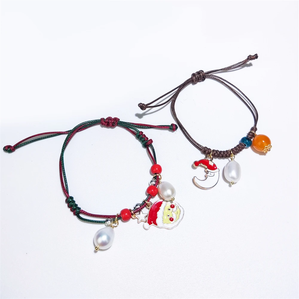 2024 Friendship Jewelry Hand Knit Rope Adjustable Braided Christmas Bracelets Ceramic Beaded Pearl Bracelets With Santa Claus