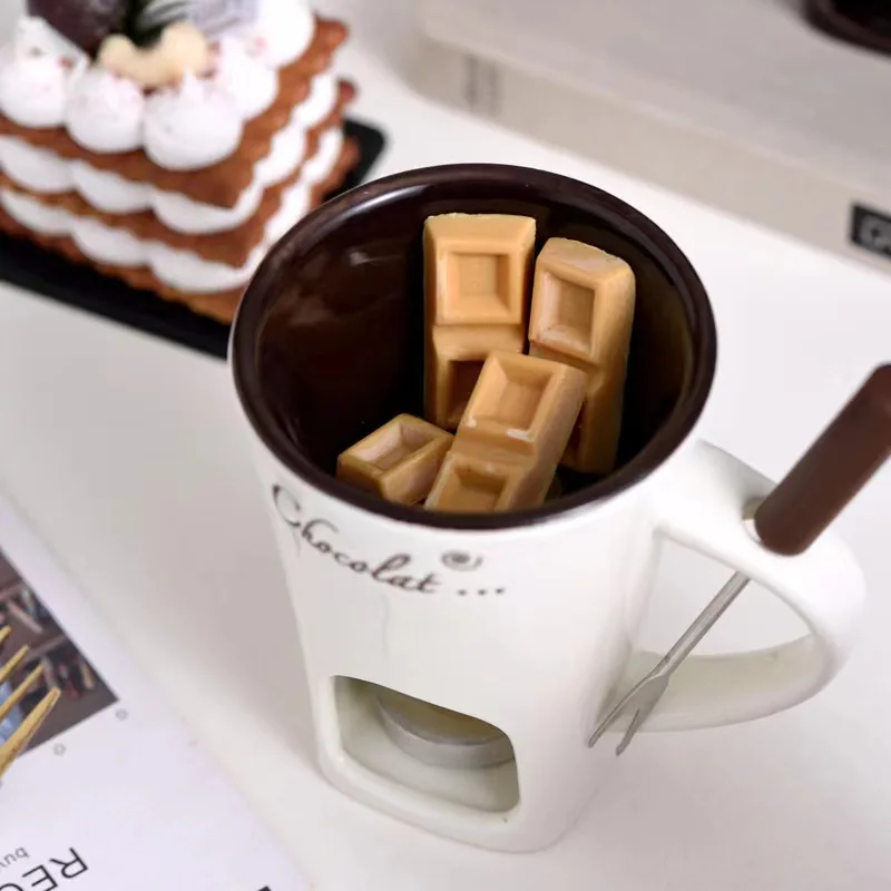 European Swiss Ice Cream Cheese Chocolate melting stove porcelain hot pot Cup with fork for candle ceramic chocolate fondue mug