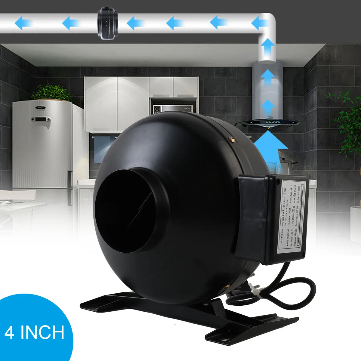 220V Plug 70W Free Spare Parts Electric Wall Mounted Roun Range Hood Duct Coaxial Exhaust Ventilation Fan