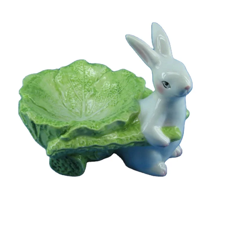 Personalized cabbage shaped ceramic plate dinner with white rabbit decor