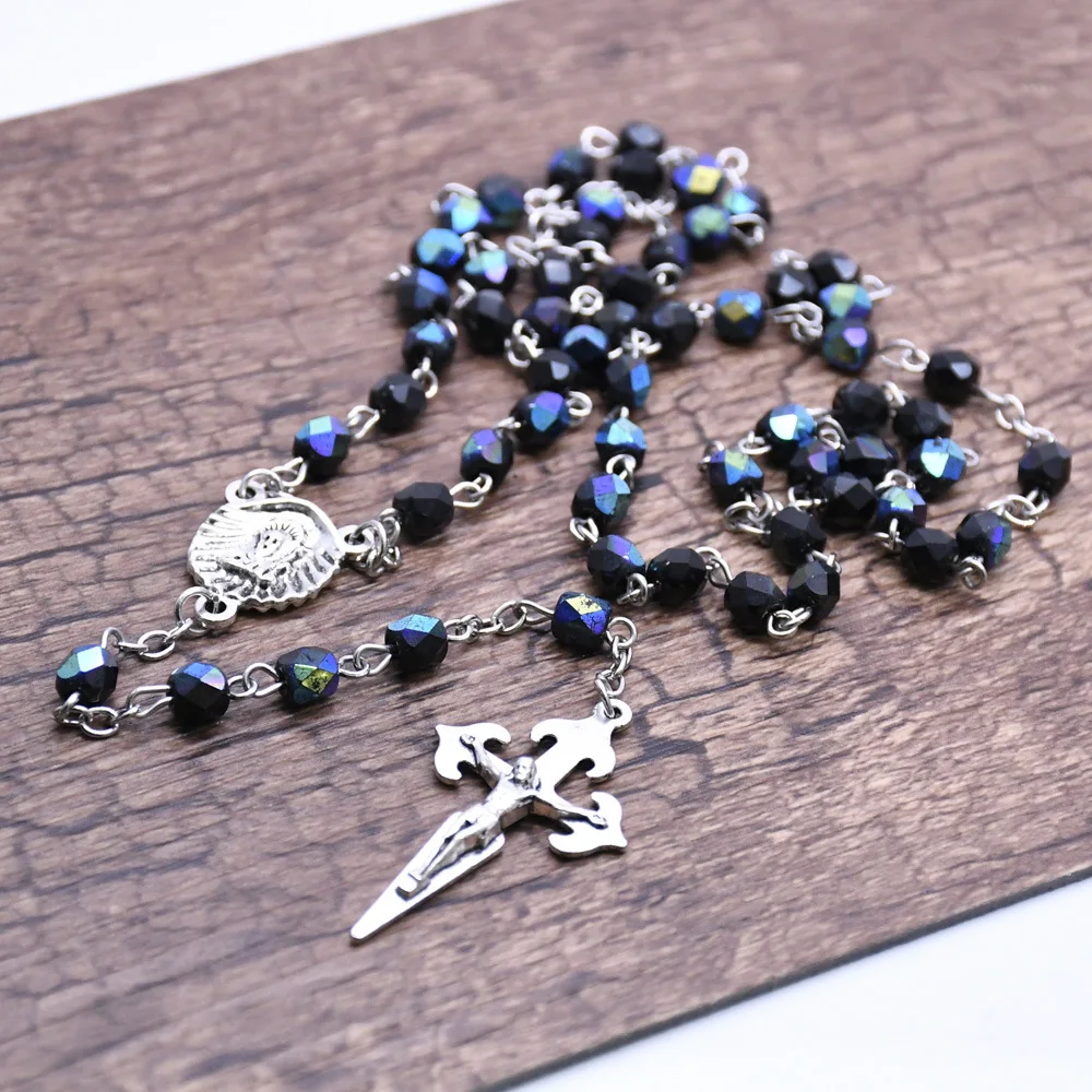 Aquamarine Rosary Necklace San Diego Santiago Shell Red Cross Rosary Prayer Beads Jewelry Colorful Crystal 6mm Necklaces