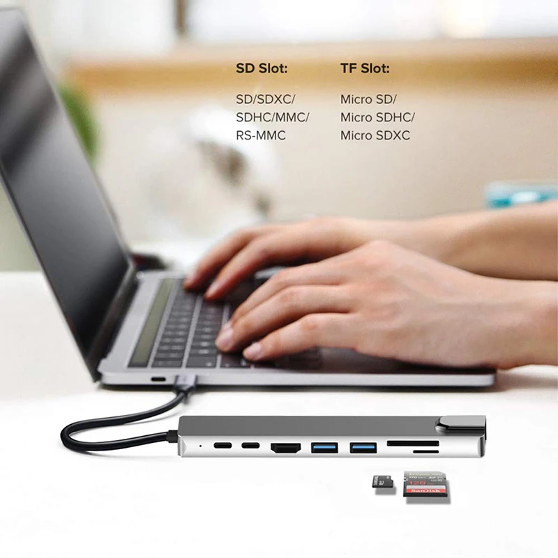 Многофункциональный адаптер концентратора Usb Type-C HDMI-совместимый 8 в 1 Usb-концентратор для Macbook Pro и ноутбуков Windows