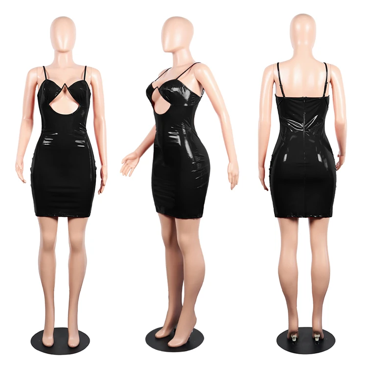 Womens Sexy PU Leather Hollow Out Spaghetti Strap Bodycon Mini Dress Clubwear