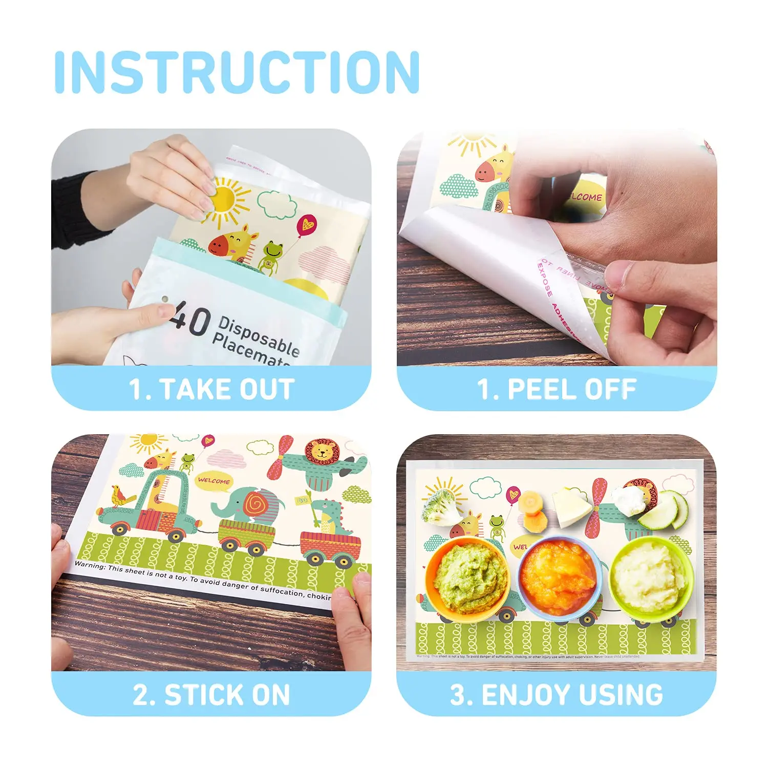 40 Packs Anti-Skidding Cute Pattern Disposable Stick-on Placemats Table Mats For Baby Kids