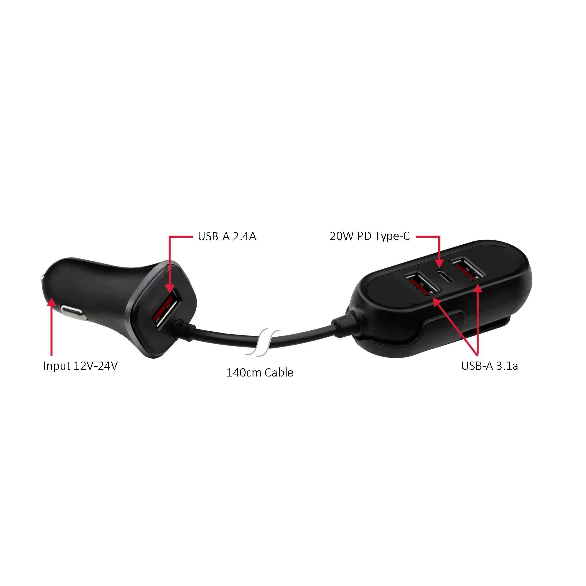 Wholesale Fast Charging Front Seat and Back Seat 4 Port USB Car Charger USB A and Type C PD With Extension Cable 1.4m