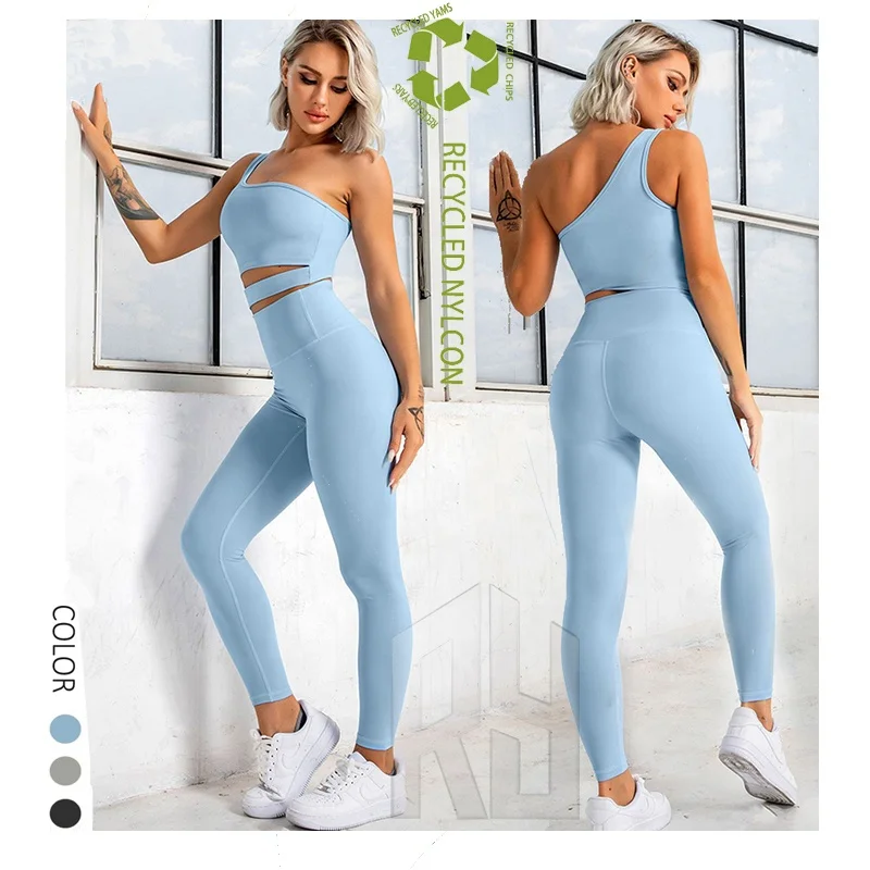 Buy product environmental protection recycled clothing nylon suit oblique shoulder women sports bra and leggings sets