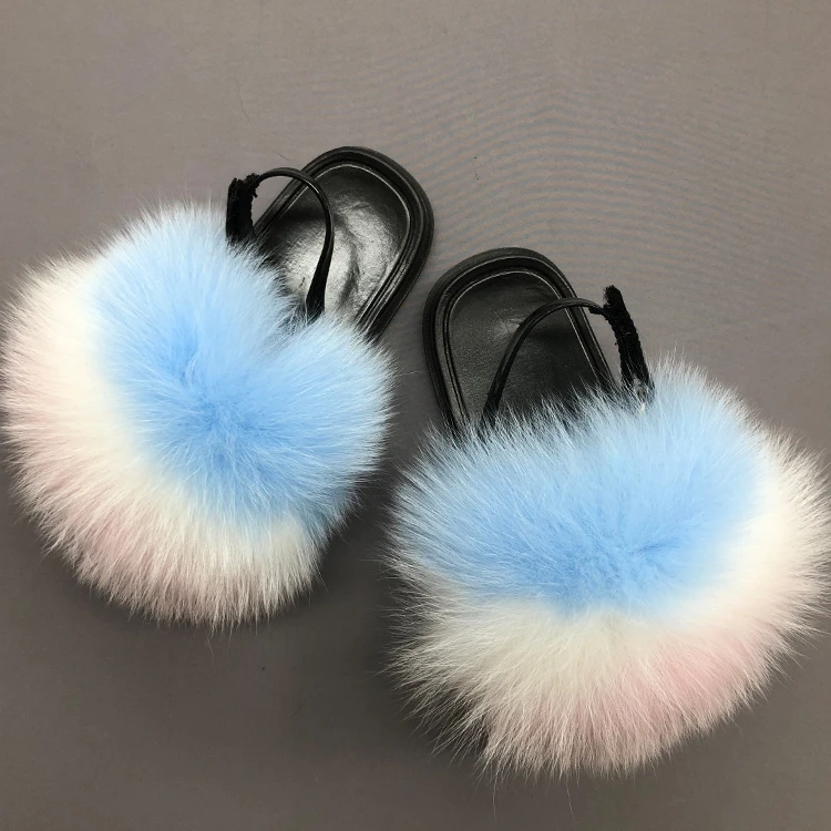 
Cute furry pink blue real fox kids fur slides with elastic strap 