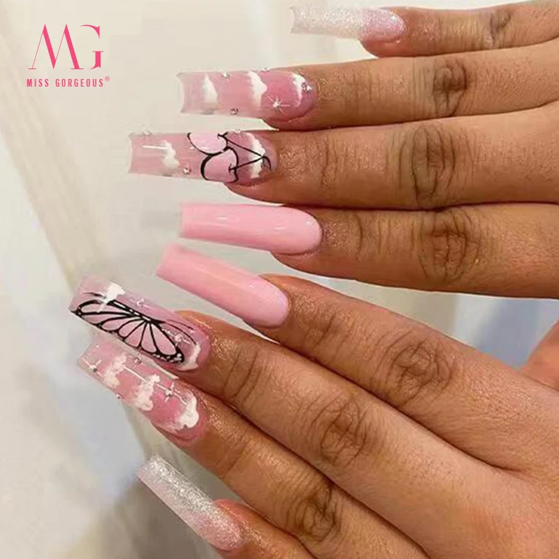 MG 24pcs Pink Press on Acrylic nails Gel False Coffin Press On Nail French Fake Private Label Nails False