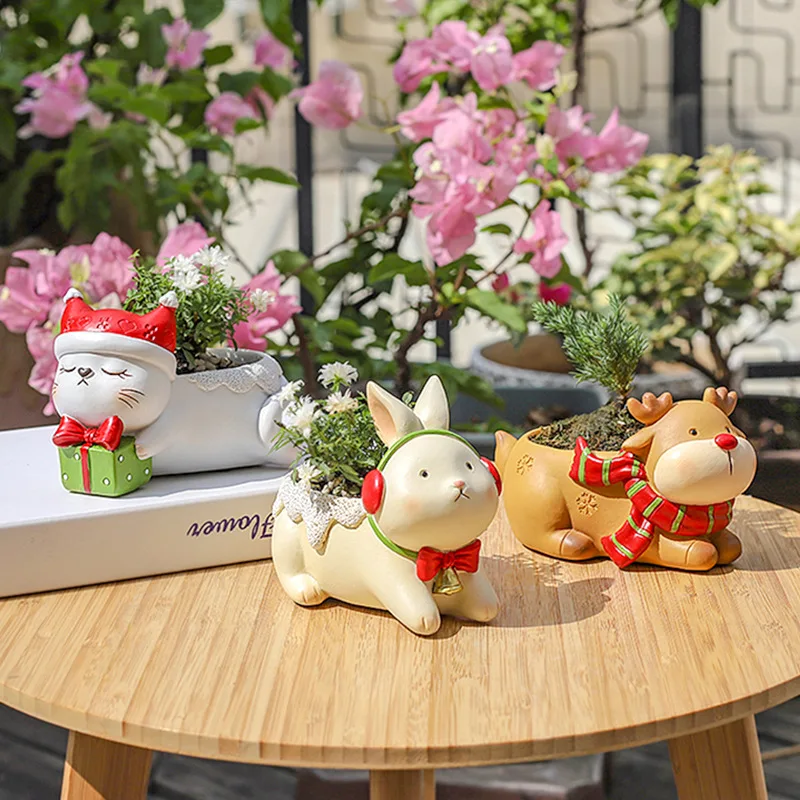 Colorful Creative Cute Cartoon Xmas Animal Ornament Christmas Gardening Succulent Decorations Flower Pot for Desktop Decor