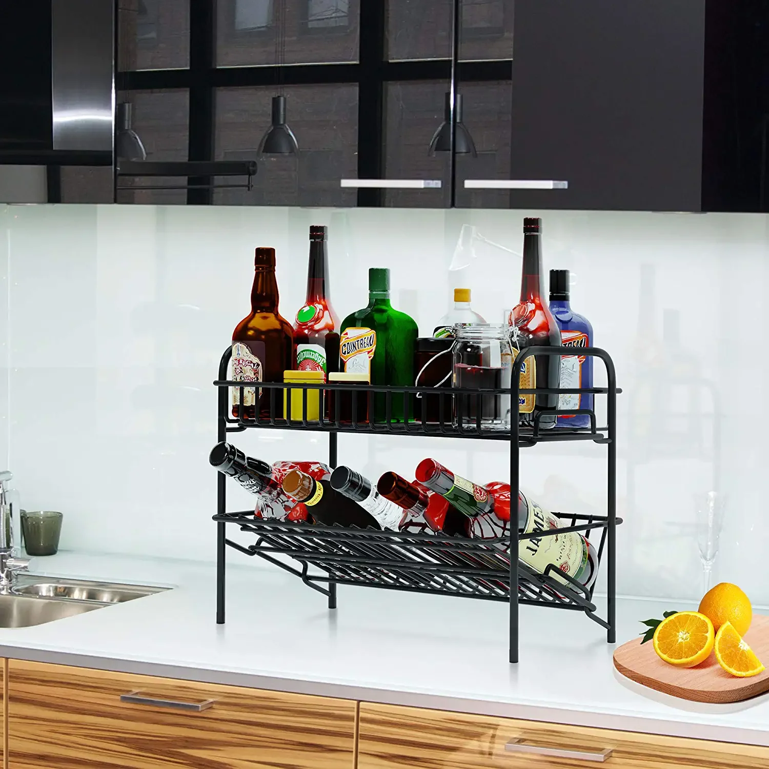 2 tiers Black Metal Liquor Bottle Display Stand Coffee Syrup Stand ,multi-function spice rack Organizer Shelf Holder